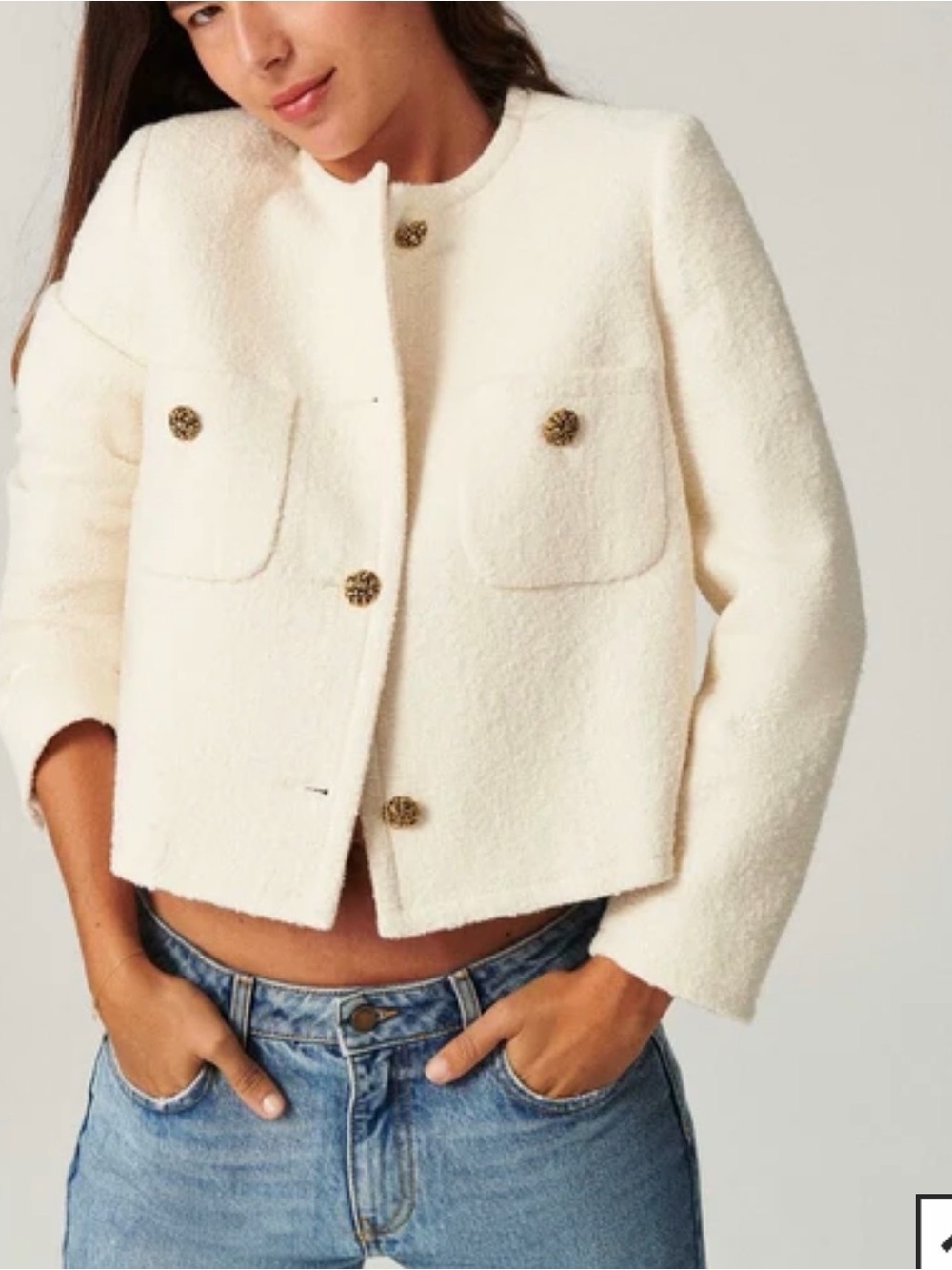 ba&sh Cream Bouclé Cropped Jacket with Decorative Buttons